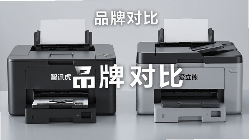 主体为两款打印机并排展示,左侧为智讯虎,右侧为爱立熊,布局对称,风格产品摄影,细节包含品牌Logo与外观质感,文字“品牌对比”,画质高清,干净无多余元素