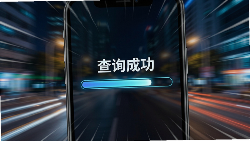 主体为手机屏幕特写,显示快速加载的进度条和“查询成功”字样,背景为动态模糊的城市夜景,布局聚焦于屏幕中心,排版紧凑,风格科技感强,细节处有速度线特效,画质锐利,干净无杂项