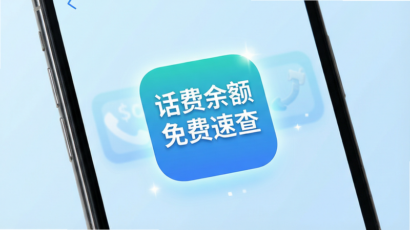 主体为手机界面展示,屏幕中央显示“话费余额免费速查”APP图标,背景为简洁的浅蓝色渐变,布局清晰,排版整洁,风格现代扁平化,细节处有微光效果,画质高清,干净无多余元素