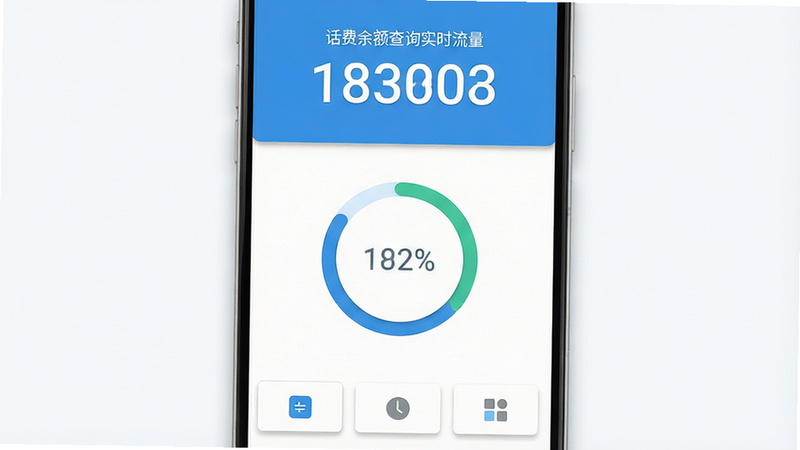 主体为“话费余额查询实时流量”安卓APP界面截图,布局居中,顶部显示大号数字余额,中部为环形流量进度条,底部有三个极简图标按钮,风格扁平化,清新蓝白配色,细节处有细微阴影增加立体感,画质高清,干净无多余元素,文字“话费余额查询实时流量”清晰可见