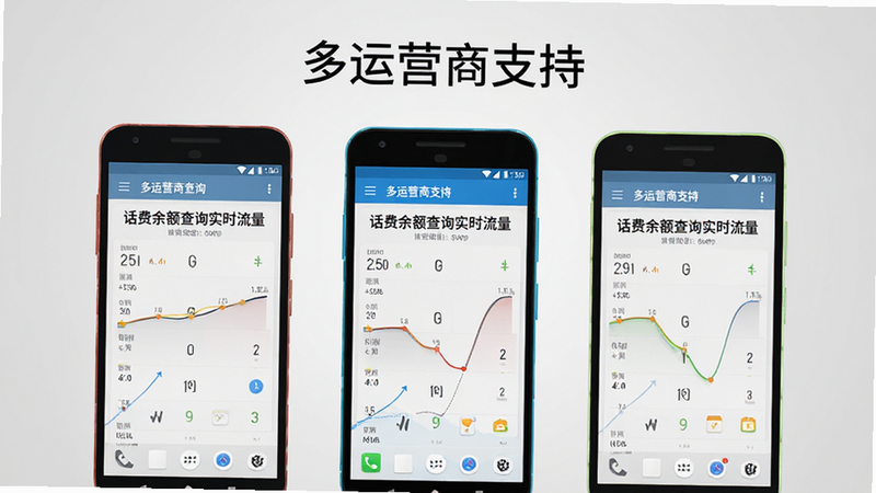 展示三部不同颜色的安卓手机并排排列,屏幕均显示“话费余额查询实时流量”APP界面,背景为浅灰色渐变,布局整齐对称,风格科技感,细节处显示信号满格图标,画质清晰,干净无多余元素,文字“多运营商支持”标注在上方