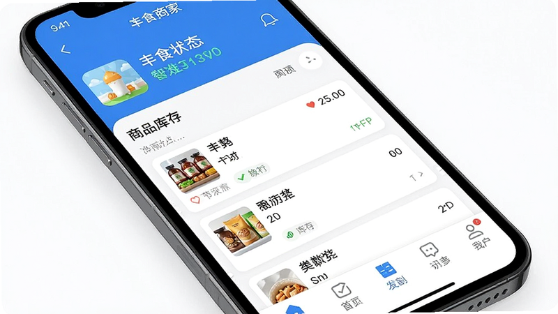 һ��չʾ��ʳ�̼Ҷ�APP����ĸ����ͼ������Ϊ�ֻ���Ļ������������������ʾ����״̬���в�Ϊ��Ʒ����б����ײ�Ϊ���ܵ�����������Լ�ִ�����ɫ��ɫ����ϸ������������1080P���ɾ����޶���Ԫ��