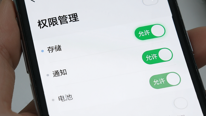 主体为手机设置权限界面,布局列表式显示“存储”“通知”“电池”权限开关,排版整齐有序,风格极简科技风,细节处高亮“允许”状态,画质清晰,干净无多余元素,文字“权限管理”清晰