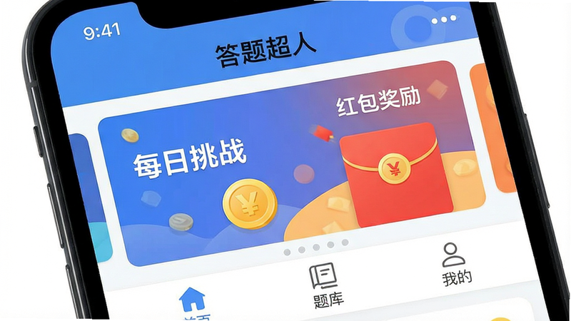 主体为手机屏幕特写,显示“答题超人”APP首页界面,布局清晰包含顶部状态栏、中部轮播图展示“每日挑战”与“红包奖励”、底部导航栏含“首页”“题库”“我的”,排版简洁现代,风格扁平化设计,细节处体现金币图标与红色红包元素,画质高清,干净无多余元素,文字清晰可见