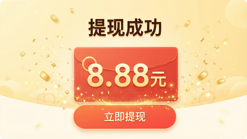 主体为APP奖励结算界面,布局居中显示大额红包数字“8.88元”,背景为淡黄色渐变,排版突出“立即提现”按钮,风格喜庆热烈,细节处点缀金色粒子特效,画质清晰,干净无多余元素,文字“提现成功”醒目