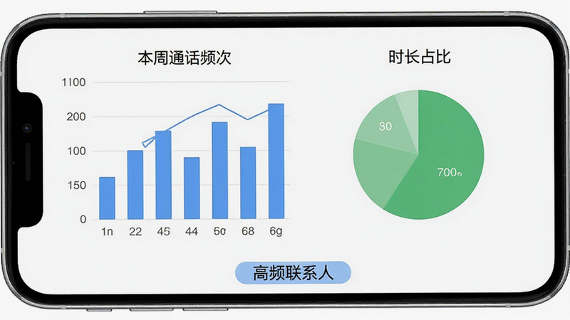 手机屏幕显示数据图表,左侧为蓝色柱状图表示“本周通话频次”,右侧为绿色饼图表示“时长占比”,底部有文字标签“高频联系人”,整体布局平衡,色彩柔和,商务简约风格,高清渲染