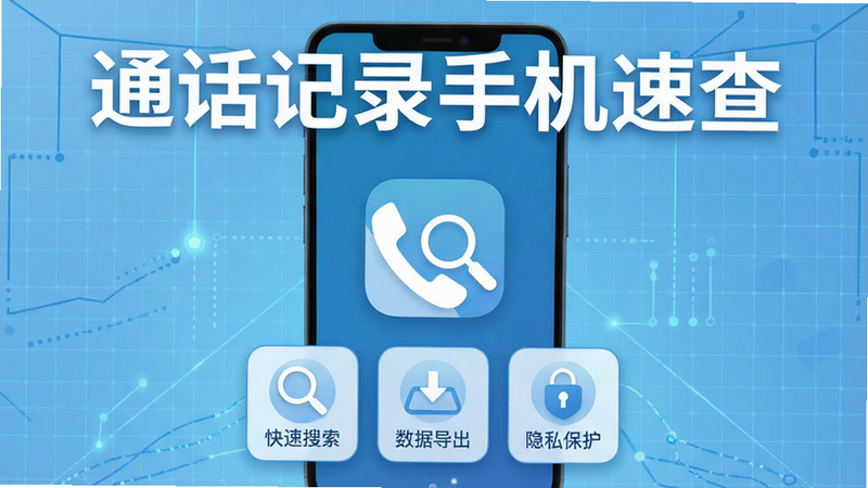 主体为智能手机屏幕界面,背景为浅蓝色科技感网格,手机居中显示应用图标,图标为白色电话听筒叠加放大镜元素,屏幕上方显示大号文字“通话记录手机速查”,下方排列三个功能模块图标分别为“快速搜索”、“数据导出”、“隐私保护”,整体风格扁平化、现代、高清、无多余元素