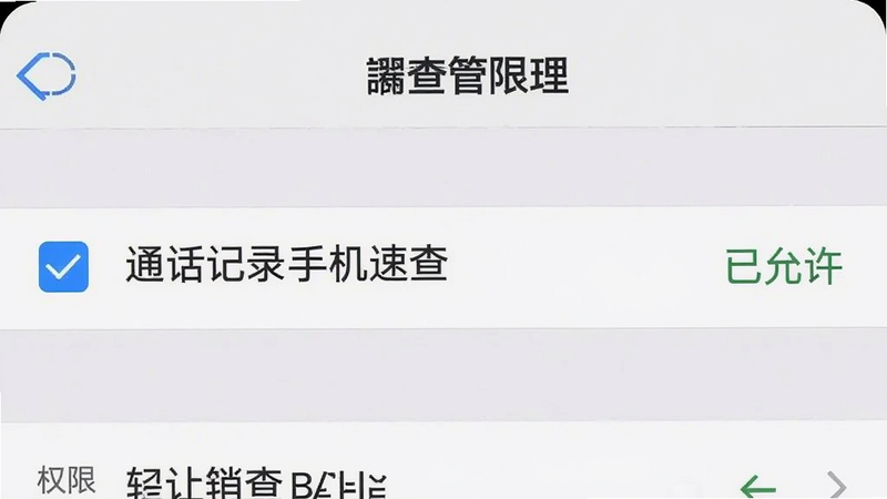 手机设置界面截图,显示“权限管理”列表,其中“通话记录手机速查”选项被勾选,旁边显示“已允许”状态,背景为浅灰色,界面元素清晰,高清,无多余干扰元素