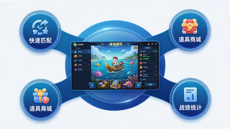 主体为福渔禧获App的核心功能全景展示图,布局采用中心辐射式,中心是高清晰度的游戏主界面截图,周围环绕着“快速匹配”、“道具商城”、“战绩统计”三个圆形图标,排版整洁有序,风格为现代科技蓝与海洋深蓝色的渐变融合,细节处展现UI界面的光泽感与立体感,画质4K高清,干净无多余元素,文字标签清晰可见