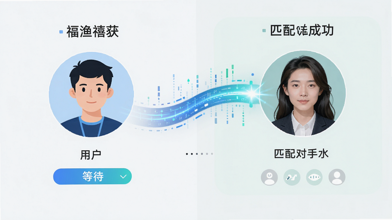 主体为福渔禧获的智能匹配系统示意图,布局左右对比,左侧显示用户头像与等待状态,右侧显示匹配成功的对手信息,中间以动态光线连接,排版简洁,风格为扁平化设计,细节处体现数据流动的视觉效果,画质高清,干净,无多余装饰元素