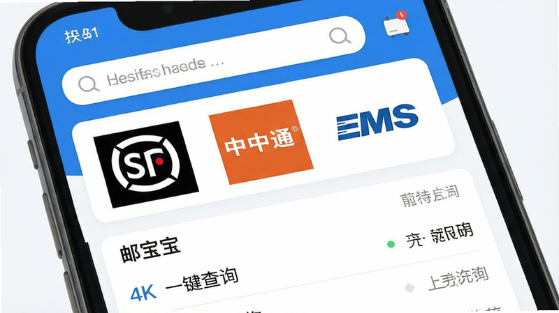 一张高清的手机应用界面预览图,主体为“邮宝”APP首页,布局清晰,顶部显示搜索栏,中间区域展示多个快递公司的logo图标如顺丰、中通、EMS,下方为物流轨迹列表,风格现代扁平化,配色清新蓝白相间,细节包含清晰的文字“邮宝”和“一键查询”,画质4k,干净,无多余元素