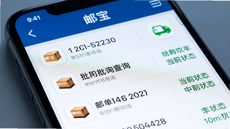 手机屏幕特写,展示“邮宝”APP的批量查询界面,列表中包含多条物流记录,每条记录显示快递公司图标、运单号和当前状态,背景简洁,突出“批量查询”功能,细节丰富,文字清晰,风格科技感,画质高清