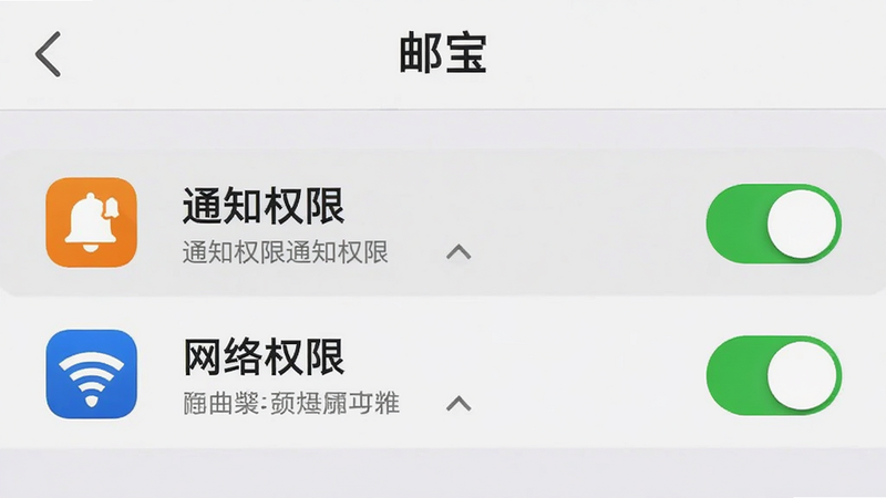 手机设置界面截图,展示“邮宝”APP的权限管理页面,高亮显示“通知权限”和“网络权限”已开启,布局清晰,图标标准,风格简洁,细节包含开关状态,画质清晰,干净