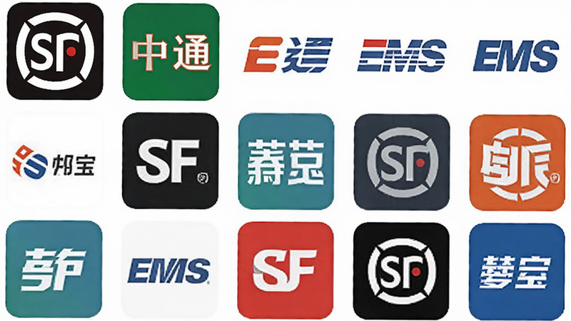 “邮宝”APP支持的快递公司图标集合图,排列整齐,包含顺丰、中通、EMS等知名logo,背景纯白,风格扁平,细节清晰,文字标注“支持品牌”,画质高清,干净