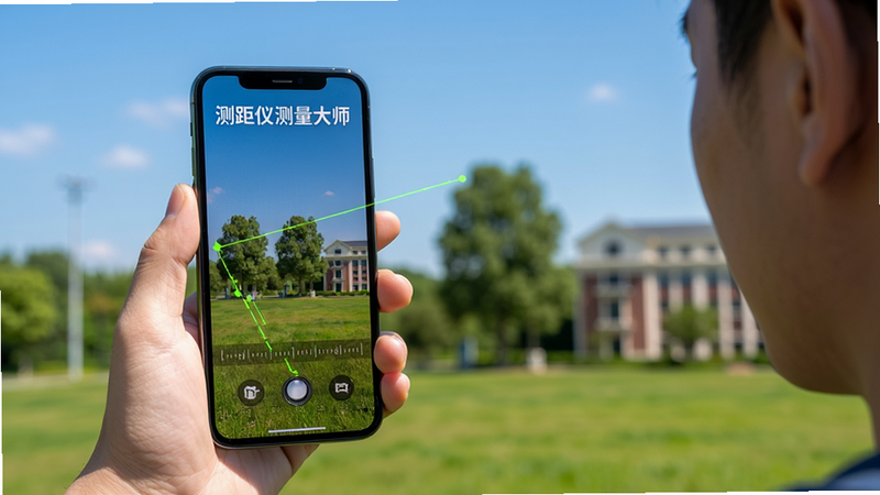 ‘测距仪测量大师’在户外场景下的使用示意图,布局为一个人手持手机对着远处的树木或建筑,背景为蓝天绿地,风格为写实摄影风,细节展示手机屏幕上的测距线,画质高清,干净,文字‘测距仪测量大师’
