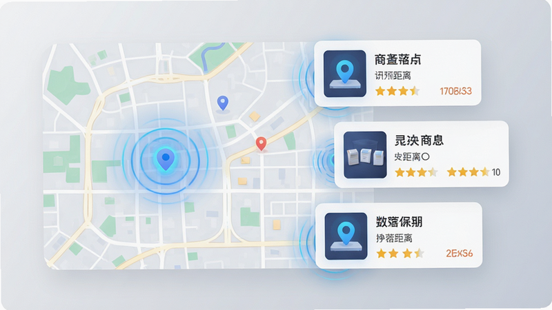 主体为地图界面与商户卡片融合的设计,布局左侧为简化的城市地图,右侧悬浮显示三个商户卡片,卡片包含店名、距离和评分,风格为科技感与亲和力结合,细节处有定位脉冲波纹效果,画质清晰,干净,无多余元素,背景为浅灰色渐变