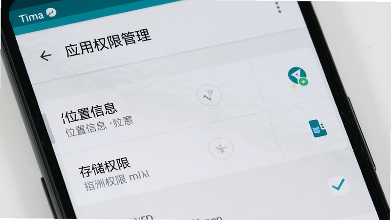 主体为安卓手机设置界面,布局聚焦于“应用权限管理”页面,高亮显示“位置信息”和“存储权限”选项,风格为系统原生UI,细节处有勾选标记,画质清晰,干净,无多余元素,背景为浅灰色