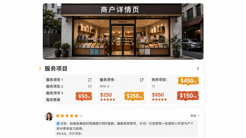 主体为商户详情页界面,布局上方为高清门店实景图,中部为服务项目列表和价格标签,下方为用户评论区,显示带星星的评分和文字评论,风格为专业且温馨,细节处突出价格标签的醒目色彩,画质高保真,干净,无多余元素,背景为白色