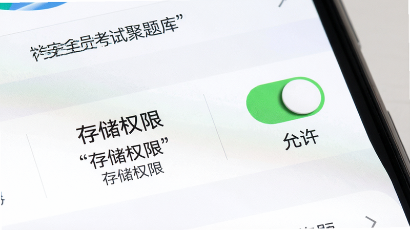 主体为手机设置界面中权限管理的特写,布局聚焦于“存储权限”开关选项,排版突出显示,风格清晰直观,细节展示开关状态与文字说明,画质高清,文字加引号,干净背景,文字包含