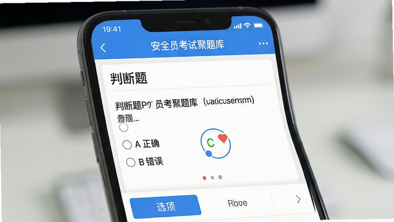 主体为手机屏幕展示的安全员考试聚题库应用界面,布局清晰分为顶部状态栏、中部题目区域和底部选项区,排版采用扁平化设计,风格现代简约,细节显示具体的判断题题目及ABCD选项,画质高清,文字清晰锐利,干净无多余元素,文字包含