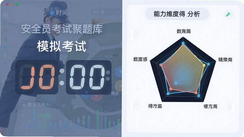 主体为模拟考试的倒计时界面与得分雷达图,布局左右分栏,左侧为时间显示,右侧为能力维度分析,排版对称平衡,风格数据可视化,细节显示数字跳动感与图表动态效果,画质清晰,色彩柔和,干净界面,文字包含