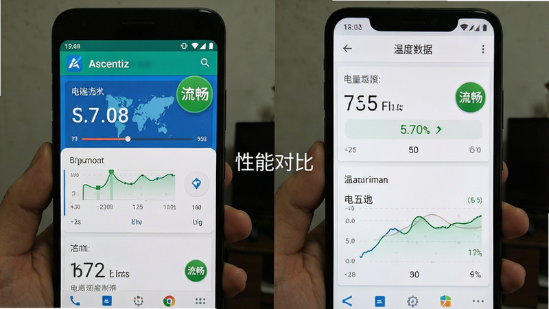 一张分屏对比图,左侧显示Ascentiz应用在低端安卓手机上的流畅运行状态,右侧显示电量与温度监控数据,布局左右对称,排版清晰,风格为扁平化UI,细节处可见绿色的“流畅”标识,画质高清,干净,文字标注为“性能对比”