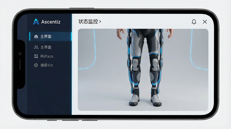 一张高清的智能手机屏幕截图预览图,主体展示Ascentiz应用的主界面,布局为左侧垂直菜单栏,右侧为3D外骨骼动态预览窗口,排版整洁清晰,风格为极简科技感,细节处可见蓝色发光线条点缀,画质4k,干净无多余元素,文字标签清晰显示为“主界面”和“状态监控”