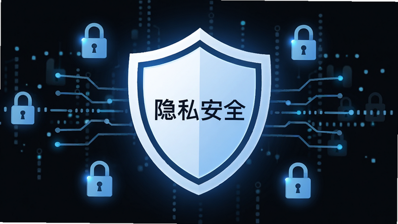 一张盾牌形状的图标设计,周围环绕着锁形符号和数据流线条,主体居中,布局简洁,风格为现代极简,细节处有蓝色的光晕效果,传达安全与信任感,画质矢量级,干净,文字标注为“隐私安全”