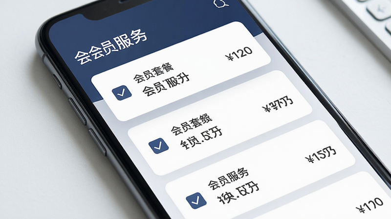主体为手机界面展示会员订阅页面,布局为卡片式列表,显示不同套餐价格,风格简洁商务,细节包含勾选框和价格数字,高清画质,干净,无多余元素,文字标注