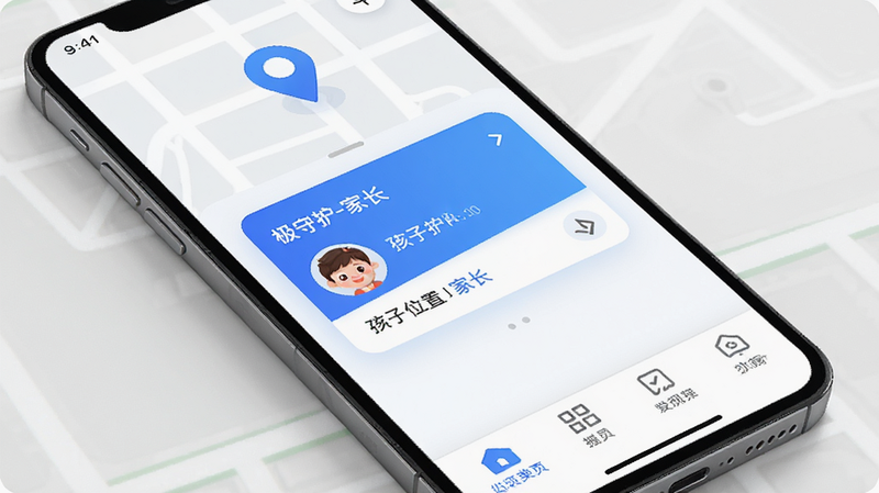 主体为手机屏幕界面展示极守护-家长APP首页,布局清晰,顶部显示地图定位图标,中间展示孩子当前位置卡片,底部为功能菜单栏,风格现代简约,蓝色与白色为主色调,细节清晰,高清画质,干净无多余元素,文字标注