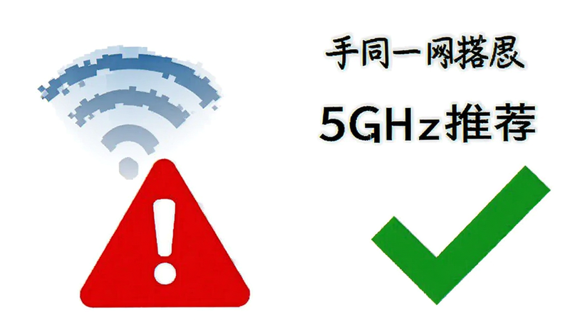 Cast To Moto 使用注意事项图解,展示手机连接 Wi-Fi 的图标,旁边有红色的警告标志和绿色的对勾标志,文字标注“同一网络”“5GHz推荐”“权限开启”,风格清晰直观,配色对比鲜明,高清无水印