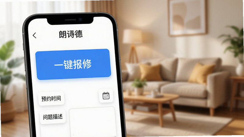 朗诗德在线App报修流程界面,主体为手机屏幕显示“一键报修”大按钮,下方列出“预约时间”、“问题描述”选项,背景为温馨的家居场景虚化图,体现服务贴心,风格简洁明快,文字清晰可读,高清画质