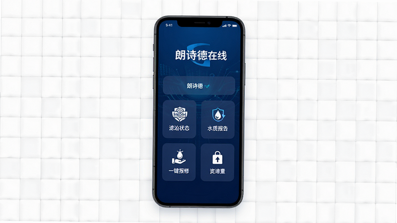 朗诗德在线App界面全景展示,主体为深蓝色调的科技感手机屏幕,屏幕中央显示“朗诗德在线”Logo及核心功能图标,如滤芯状态、水质报告、一键报修等模块,背景为简洁的白色网格,整体风格现代、干净、专业,高清画质,无多余元素