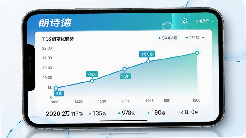 朗诗德在线App水质报告界面,主体为折线图展示TDS值变化趋势,图表下方标注日期与具体数值,配色采用蓝绿清新色调,界面布局规整,数据标签清晰,风格科技感强,细节丰富,高质量渲染