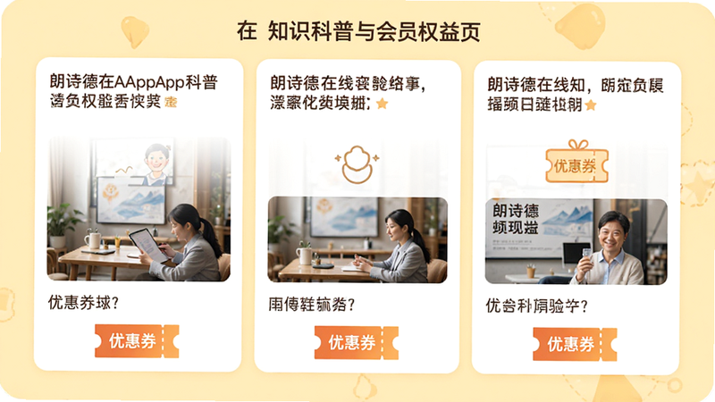 朗诗德在线App知识科普与会员权益页面,主体为文章列表卡片,每张卡片包含标题与缩略图,下方展示“优惠券”图标,背景为淡黄色温暖色调,布局整齐,文字排版美观,风格亲切友好,高清细节