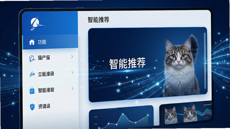 主体展示波音猫APP的智能推荐界面,布局左侧为功能列表,右侧为动态推荐卡片,排版紧凑且富有逻辑性。风格科技感十足,使用蓝色与白色为主色调,细节处有光线流动的效果象征智能运算,画质清晰锐利,文字“智能推荐”清晰可见,无杂乱图标,突出高效与精准