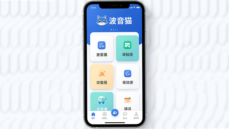 主体为波音猫APP的主界面全景展示图,布局采用中心对称结构,顶部显示应用Logo“波音猫”,中部为核心功能模块卡片,底部为导航栏。排版整洁有序,风格为现代扁平化设计,细节处体现柔和的阴影效果以增强层次感,画质高清细腻,色彩明亮清新,无多余背景元素,整体呈现专业且友好的视觉感受