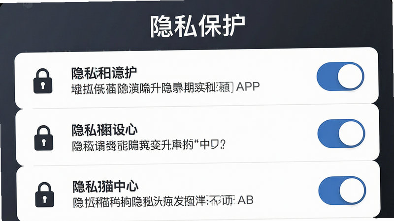 主体展示波音猫APP的隐私设置中心,布局为垂直列表形式,每一项权限开关旁边都有详细的说明文字,排版严谨规范。风格稳重可靠,使用深灰色与白色搭配,细节处有锁形图标象征安全,画质清晰高保真,文字“隐私保护”加粗突出,无多余装饰,传达出专业与信任感