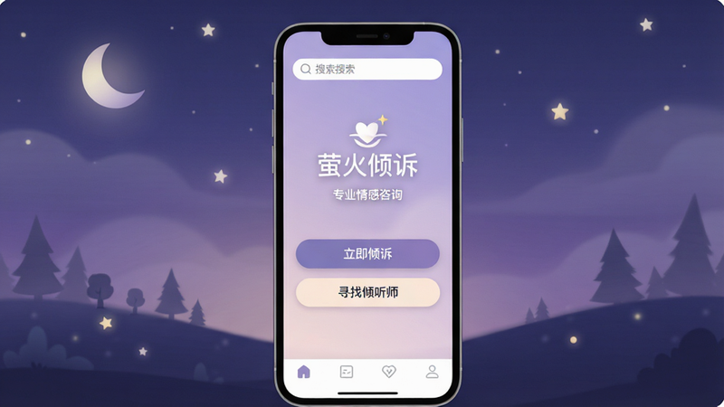 主体展示一款名为“萤火倾诉”的手机应用界面,背景为柔和的淡紫色渐变,模拟夜晚静谧氛围。屏幕中央显示“萤火倾诉”Logo及“专业情感咨询”字样,下方有两个大按钮“立即倾诉”和“寻找倾听师”。界面顶部有搜索栏,底部为导航栏。整体风格温馨、治愈、极简主义,高清画质,无多余元素,干净背景。