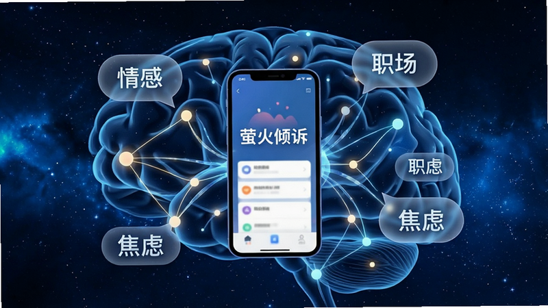一个抽象的大脑神经网络图,节点之间由光线连接,象征智能匹配。中心位置有一个手机图标,屏幕上显示“萤火倾诉”界面。周围漂浮着“情感”、“职场”、“焦虑”等标签气泡。背景为深蓝色星空,营造智慧与科技感。文字标签清晰可见。风格现代科技,简洁明了,高清渲染,无多余装饰。
