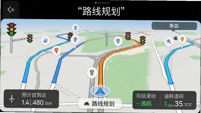 主体为车载导航界面,布局展示多条路线对比,布局中突出最优路线,风格为写实地图风,细节包含红绿灯状态、预计到达时间、油耗估算,画质细腻,干净,文字加引号