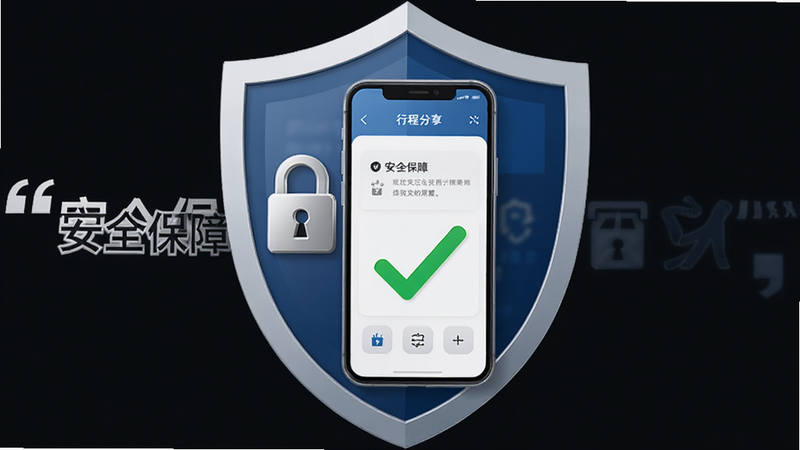 主体为盾牌与手机结合的安全图标,布局中心为手机屏幕显示行程分享界面,风格为稳重信任感,细节包含锁头图标、盾牌轮廓、绿色对勾,画质高,干净,文字加引号