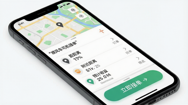 主体为手机屏幕显示顺风车司机接单应用界面,布局清晰,顶部显示地图与附近订单列表,底部有“立即接单”大按钮,排版整洁,风格为现代扁平化设计,细节包含定位图标、订单距离、预计收益数字,画质高清,干净无多余元素,文字加引号
