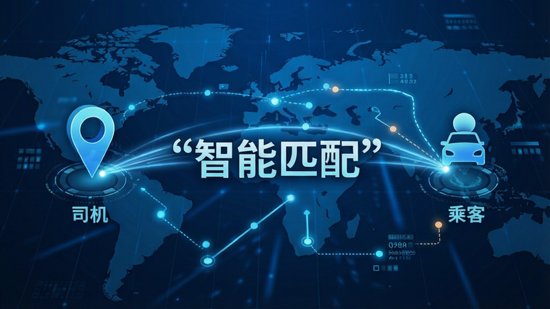 主体为数据流与地图结合的科技感背景,布局呈现算法匹配过程,左侧为司机位置,右侧为乘客位置,中间由光线连接,排版具有科技感,风格为蓝色科技风,细节包含数据节点、路径线条,画质清晰,干净,文字加引号