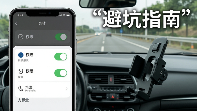 主体为手机设置界面与驾驶员视角的合成图,布局展示权限开关与车载支架安装,风格为实用教程风,细节包含权限图标、支架固定状态、道路背景,画质清晰,干净,文字加引号