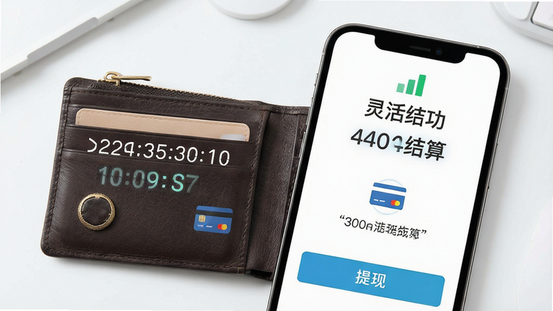 主体为钱包与手机屏幕,布局展示提现成功界面,风格为简洁金融风,细节包含数字跳动效果、银行卡图标、提现按钮,画质清晰,干净,文字加引号