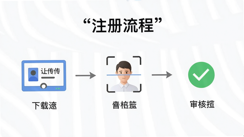 主体为手机注册界面流程图,布局展示从下载完成到审核通过的步骤,风格为简洁步骤图,细节包含证件上传框、人脸扫描框、审核通过对勾,画质高,干净,文字加引号