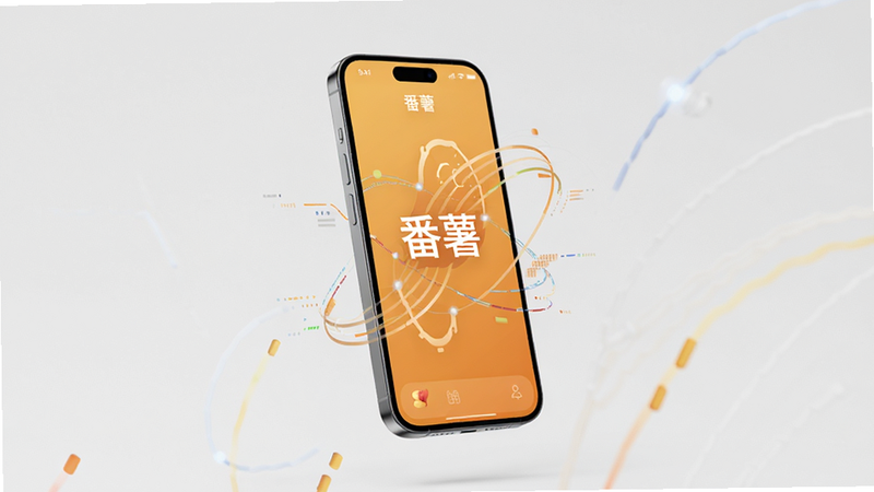 一部现代智能手机悬浮在纯净的浅灰色背景中央,手机屏幕显示着名为“番薯”的应用界面,界面设计极简,主色调为温暖的橙黄色,屏幕中央清晰显示“番薯”二字,周围环绕着抽象的数据流线条,象征高效与连接,整体风格科技感与人文感结合,高清渲染,无多余元素