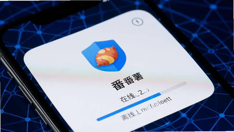 智能手机特写,屏幕显示“番薯”应用的安全盾牌图标与离线下载进度条,背景为深蓝色科技网格,突出安全与离线功能,画面干净,无文字干扰,高清细节
