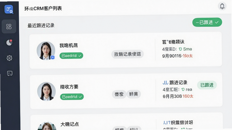 ����Ϊ�ջ���CRM�ͻ��б����棬����Ϊ��Ƭʽ�б�����ʾ�ͻ�ͷ�����ơ���ǩ�����������¼���Ű������׶������Ϊ����ƽ����ƣ�ϸ�ڴ�����ɫ���Ѹ�����״̬��ʶ������ϸ�壬�ɾ����޶���Ԫ��